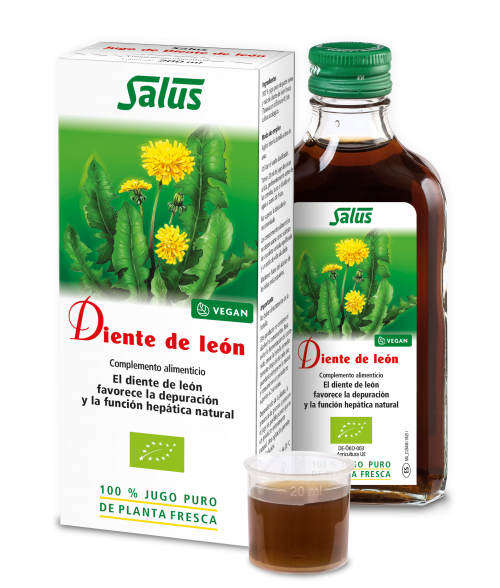 Diente de león Salus. Jugo de parte aérea y raíz de diente de león fresco (<i>Taraxacum officinale</i> F.H. Wigg) de cultivo ecológico. Frasco de 200 mL. Complemento alimenticio.