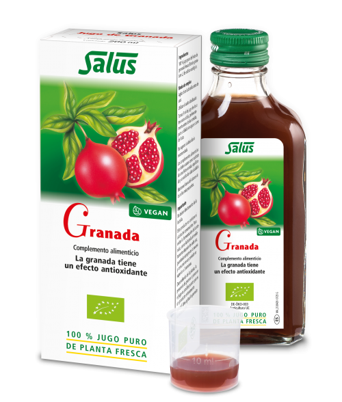 Granada Salus. 100% jugo puro de granada (<i>Punica granatum</i> L.) de cultivo ecológico. Frasco de 200 mL. Complemento alimenticio.