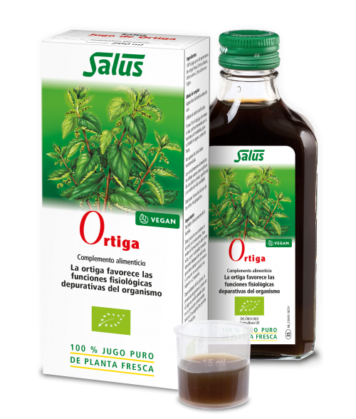Ortiga Salus. 100% jugo de parte aérea de ortiga fresca (<i>Urtica dioica</i> L., Urtica urens</i> L.) de cultivo ecológico. Frasco de 200 mL. Complemento alimenticio.