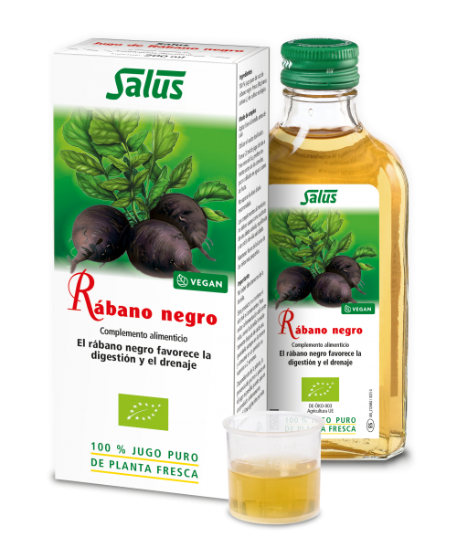 Rábano Negro Salus. 100% jugo de raíz de rábano negro (<i>Raphanus sativus</i>) fresco, de cultivo ecológico. Frasco de 200 mL. Complemento alimenticio.